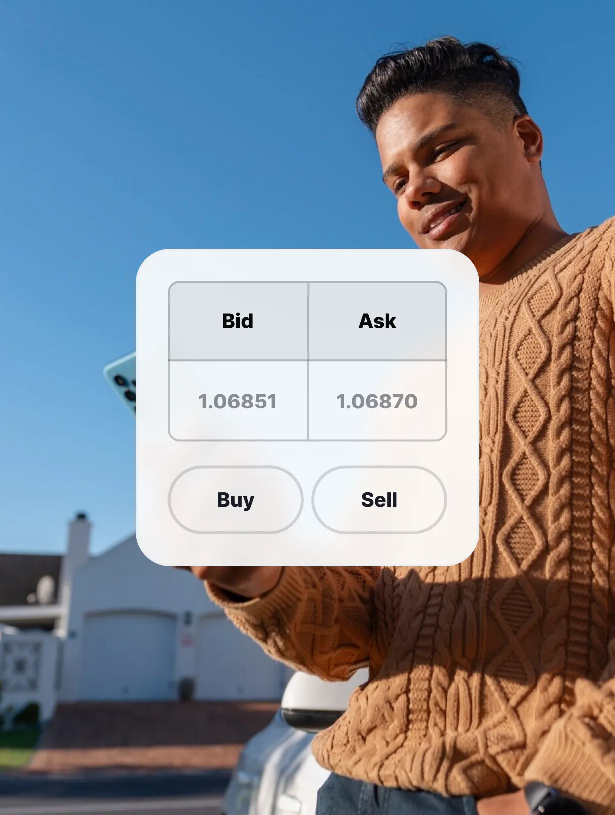 Man Buying Stocks on a mobile device, displaying a buy and sell interface with bid and ask prices.